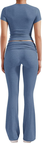 Women's 2 Piece Lounge Outfits Slim Short Sleeve Tops Low Rise Flare Leggings Sets Yoga Sweatsuit