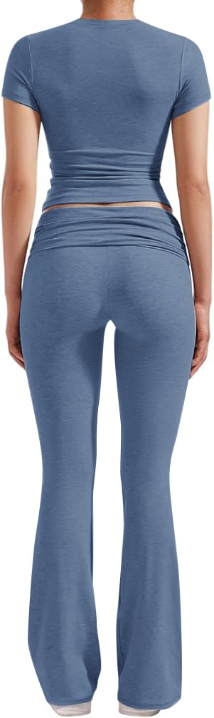 Women's 2 Piece Lounge Outfits Slim Short Sleeve Tops Low Rise Flare Leggings Sets Yoga Sweatsuit