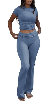 Women's 2 Piece Lounge Outfits Slim Short Sleeve Tops Low Rise Flare Leggings Sets Yoga Sweatsuit