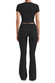Women's 2 Piece Lounge Outfits Slim Short Sleeve Tops Low Rise Flare Leggings Sets Yoga Sweatsuit