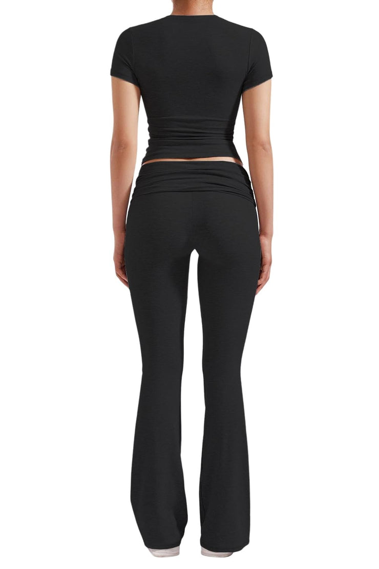 Women's 2 Piece Lounge Outfits Slim Short Sleeve Tops Low Rise Flare Leggings Sets Yoga Sweatsuit