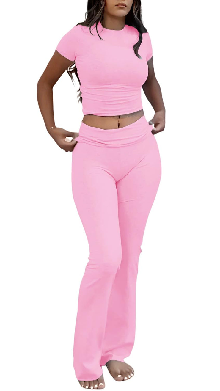 Women's 2 Piece Lounge Outfits Slim Short Sleeve Tops Low Rise Flare Leggings Sets Yoga Sweatsuit