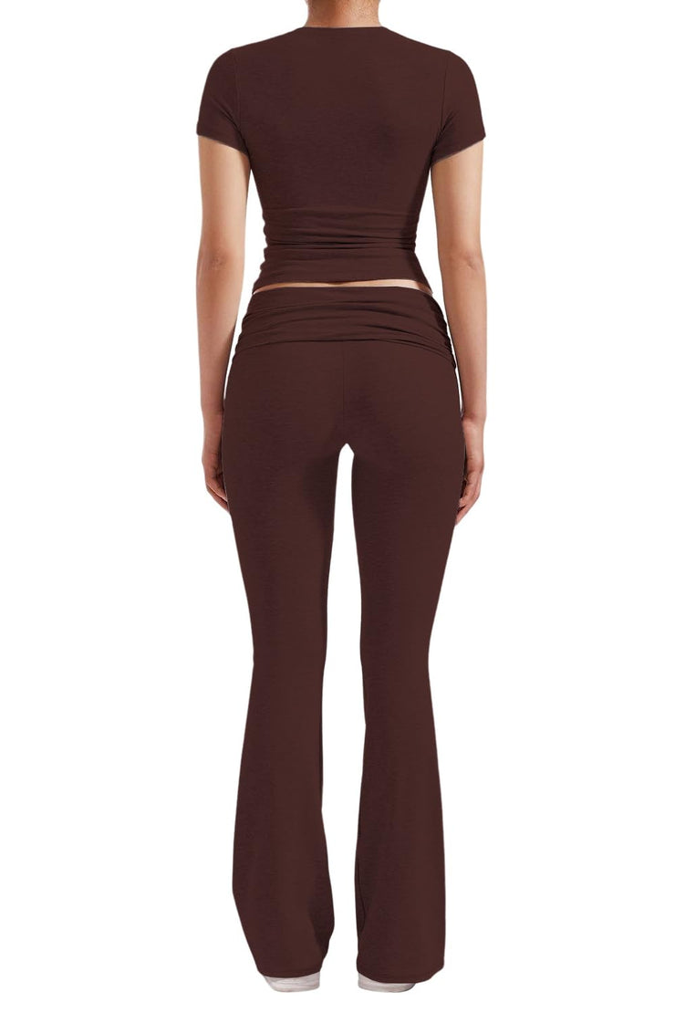 Women's 2 Piece Lounge Outfits Slim Short Sleeve Tops Low Rise Flare Leggings Sets Yoga Sweatsuit