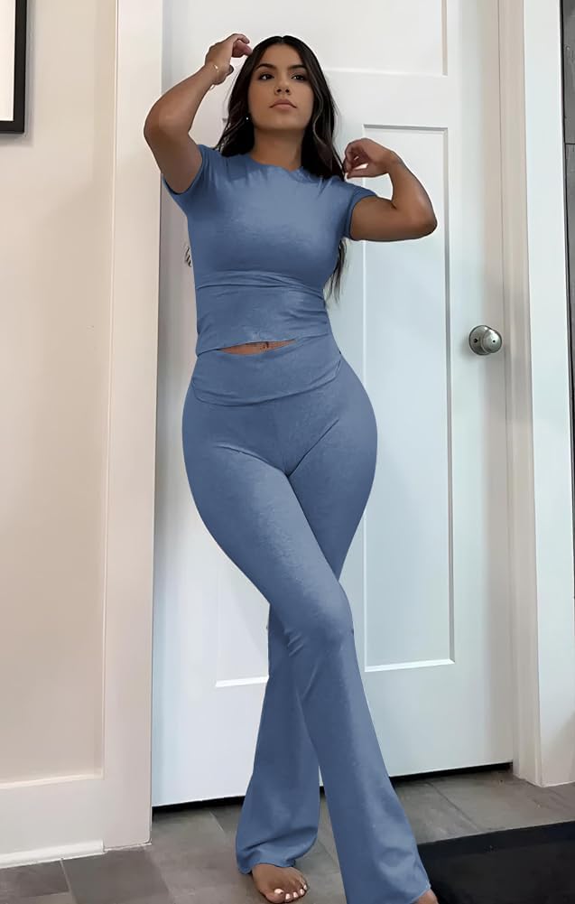 Women's 2 Piece Lounge Outfits Slim Short Sleeve Tops Low Rise Flare Leggings Sets Yoga Sweatsuit