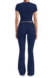 Women's 2 Piece Lounge Outfits Slim Short Sleeve Tops Low Rise Flare Leggings Sets Yoga Sweatsuit