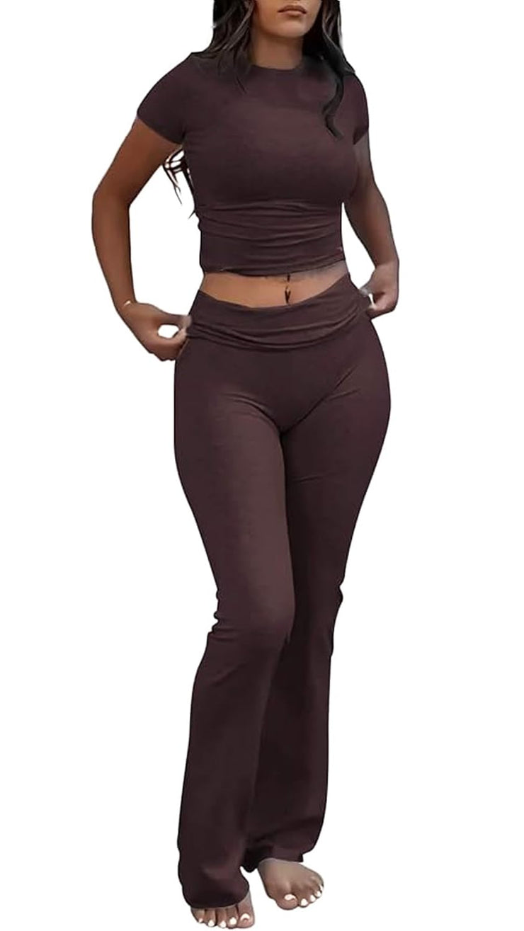 Women's 2 Piece Lounge Outfits Slim Short Sleeve Tops Low Rise Flare Leggings Sets Yoga Sweatsuit