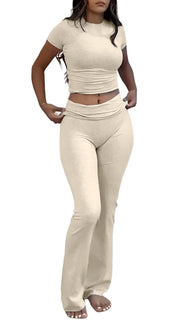 Women's 2 Piece Lounge Outfits Slim Short Sleeve Tops Low Rise Flare Leggings Sets Yoga Sweatsuit