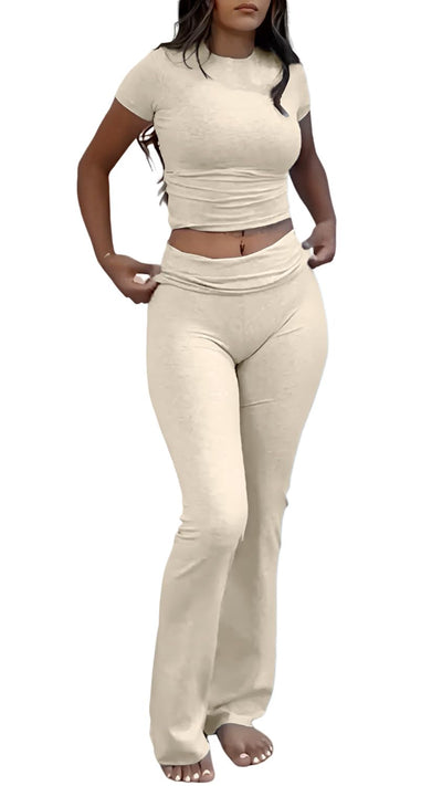 Women's 2 Piece Lounge Outfits Slim Short Sleeve Tops Low Rise Flare Leggings Sets Yoga Sweatsuit