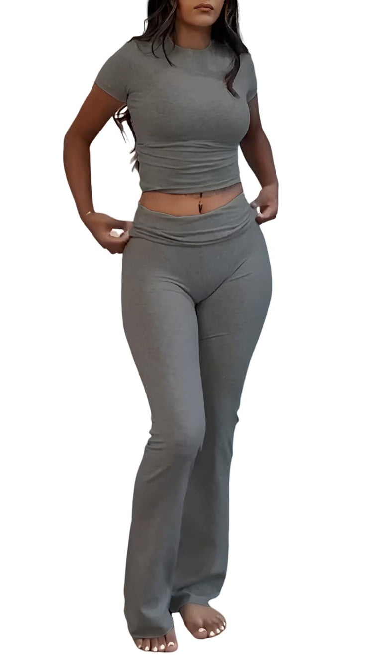 Women's 2 Piece Lounge Outfits Slim Short Sleeve Tops Low Rise Flare Leggings Sets Yoga Sweatsuit