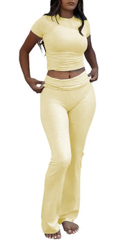 Women's 2 Piece Lounge Outfits Slim Short Sleeve Tops Low Rise Flare Leggings Sets Yoga Sweatsuit