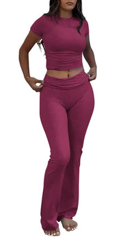 Women's 2 Piece Lounge Outfits Slim Short Sleeve Tops Low Rise Flare Leggings Sets Yoga Sweatsuit
