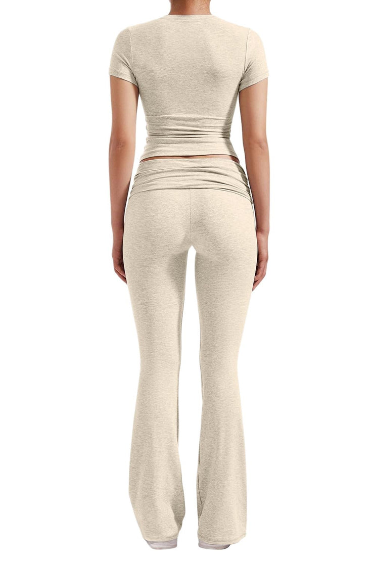 Women's 2 Piece Lounge Outfits Slim Short Sleeve Tops Low Rise Flare Leggings Sets Yoga Sweatsuit