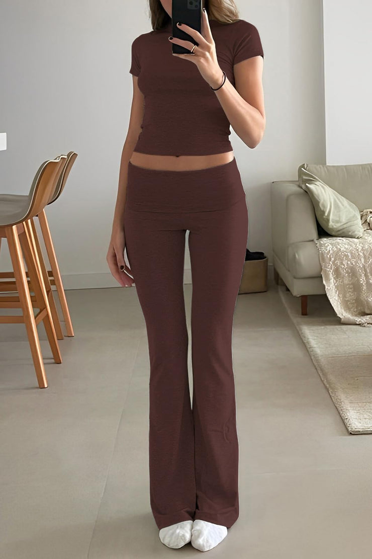 Women's 2 Piece Lounge Outfits Slim Short Sleeve Tops Low Rise Flare Leggings Sets Yoga Sweatsuit