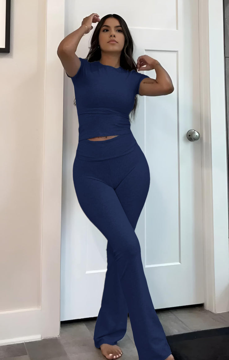 Women's 2 Piece Lounge Outfits Slim Short Sleeve Tops Low Rise Flare Leggings Sets Yoga Sweatsuit