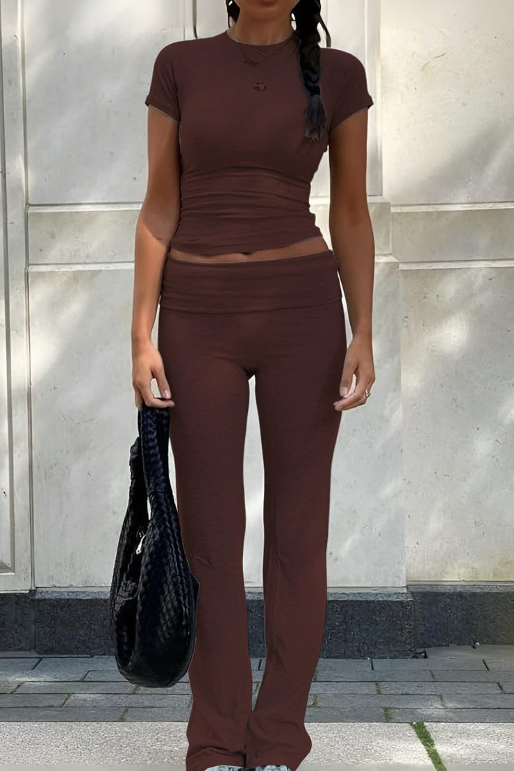 Women's 2 Piece Lounge Outfits Slim Short Sleeve Tops Low Rise Flare Leggings Sets Yoga Sweatsuit